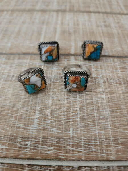 TURQUOISE SPINY OYSTER WHITE BUFFALO AND BRONZE SQUARE CUT RING