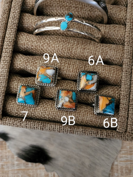 TURQUOISE SPINY OYSTER WHITE BUFFALO AND BRONZE SQUARE CUT RING