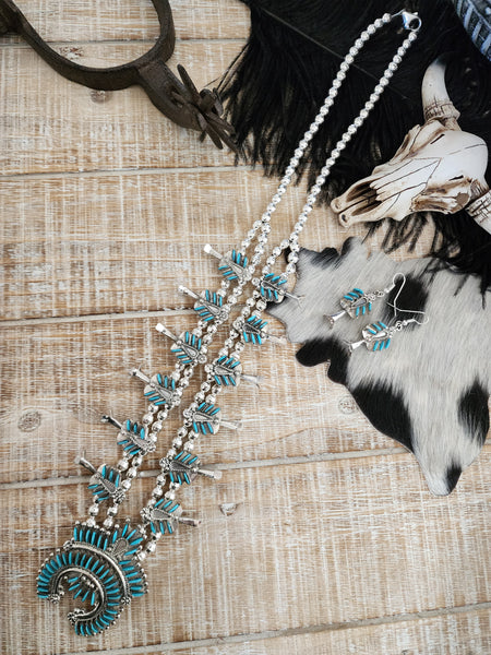 EVA WYACO ZUNI STYLE TURQUOISE SQUASH BLOSSOM SET