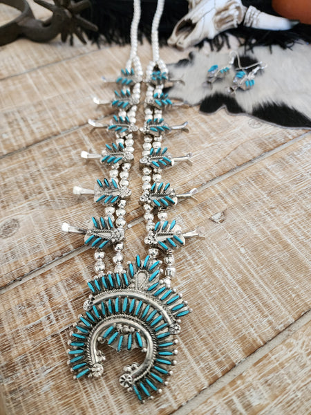 EVA WYACO ZUNI STYLE TURQUOISE SQUASH BLOSSOM SET