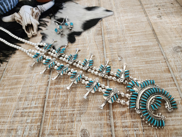 EVA WYACO ZUNI STYLE TURQUOISE SQUASH BLOSSOM SET