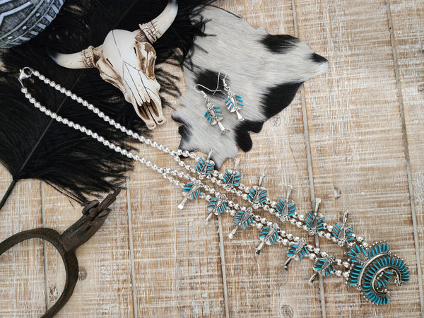 EVA WYACO ZUNI STYLE TURQUOISE SQUASH BLOSSOM SET