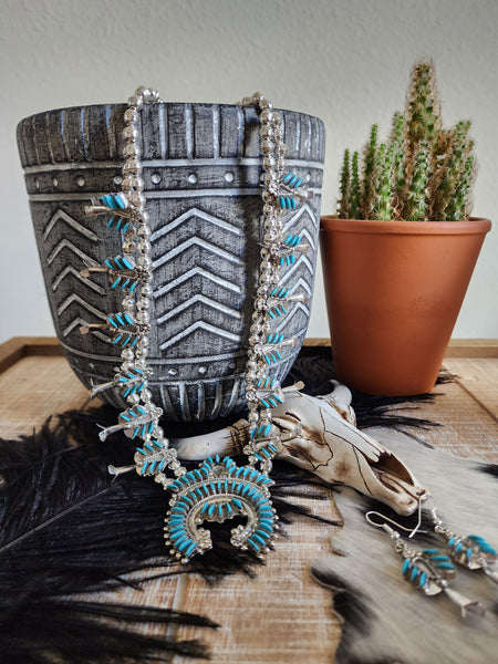 EVA WYACO ZUNI STYLE TURQUOISE SQUASH BLOSSOM SET