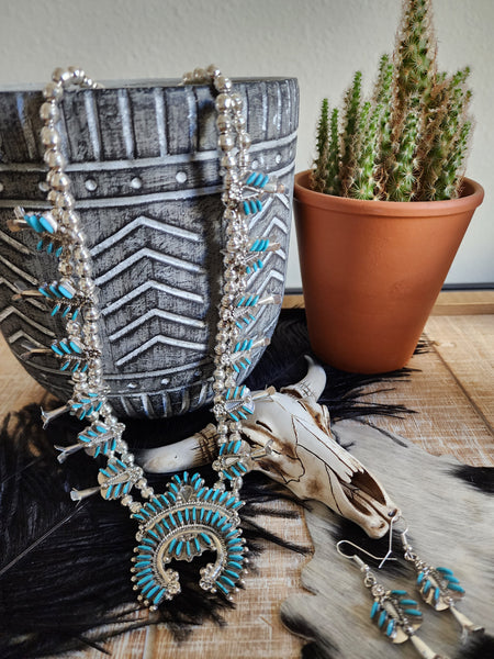 EVA WYACO ZUNI STYLE TURQUOISE SQUASH BLOSSOM SET