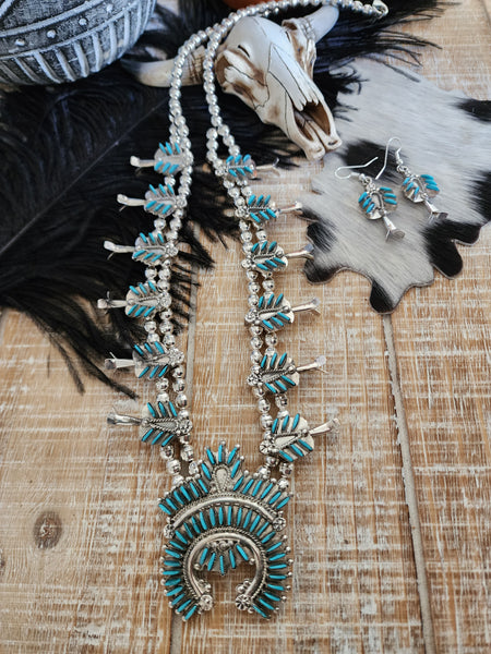 EVA WYACO ZUNI STYLE TURQUOISE SQUASH BLOSSOM SET