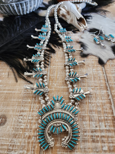 EVA WYACO ZUNI STYLE TURQUOISE SQUASH BLOSSOM SET