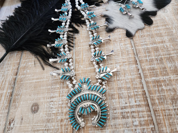 EVA WYACO ZUNI STYLE TURQUOISE SQUASH BLOSSOM SET