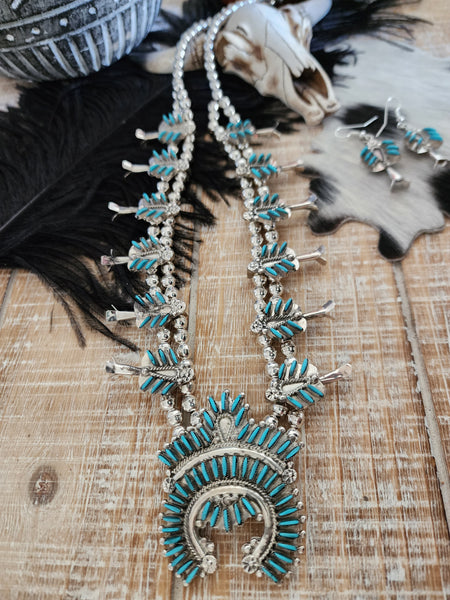 EVA WYACO ZUNI STYLE TURQUOISE SQUASH BLOSSOM SET