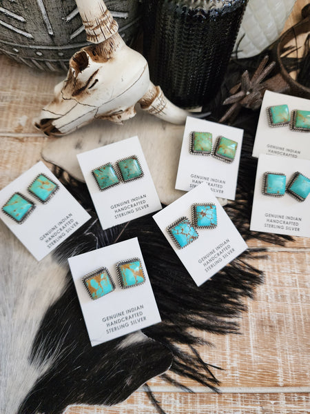 JUDITH DIXON PUNCHY SQUARE KINGMAN TURQUOISE STUDS