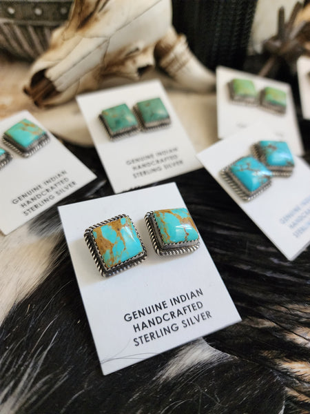 JUDITH DIXON PUNCHY SQUARE KINGMAN TURQUOISE STUDS
