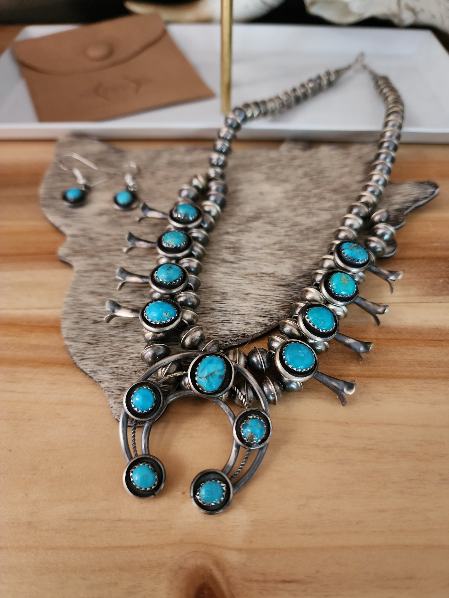 Linette Laiwakete Zuni Peyote Water Bird Squash Blossom Necklace / Earring  Set