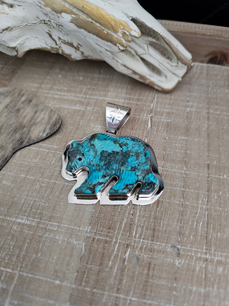 ARONZO CHARLEY CARVED TURQUOISE BEAR PENDANT