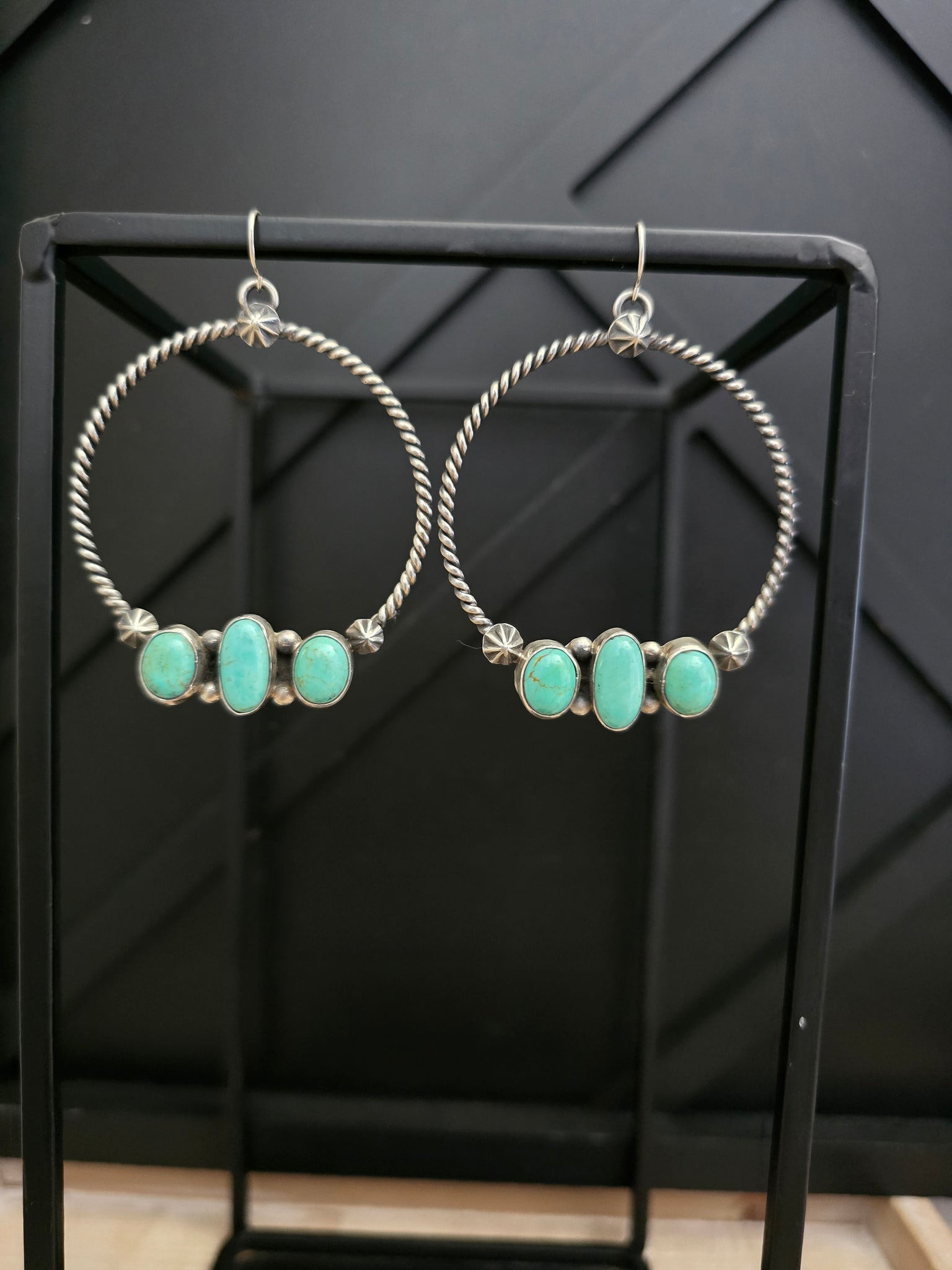 DONOVAN SKEETS THREE KINGMAN TURQUOISE STONE HOOPS