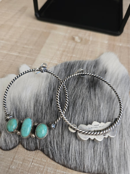 DONOVAN SKEETS THREE KINGMAN TURQUOISE STONE HOOPS