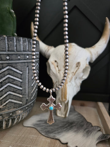 PAULINE NELSON STERLING SILVER AND TURQUOISE CROSS PENDANT