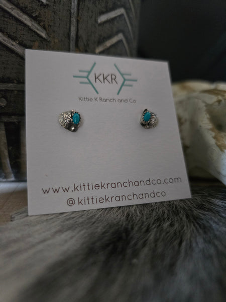 ROSELENE JOE KINGMAN TURQUOISE AND SILVER LEAF STUD EARRINGS