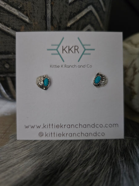 ROSELENE JOE KINGMAN TURQUOISE AND SILVER LEAF STUD EARRINGS