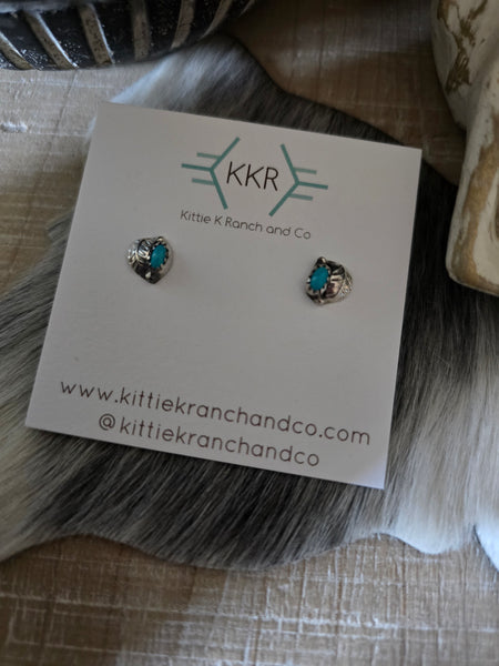 ROSELENE JOE KINGMAN TURQUOISE AND SILVER LEAF STUD EARRINGS