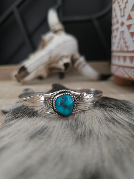 JEANETTE YAZZIE FEATHER AND TURQUOISE STONE CUFF