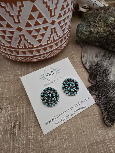 RANDY HOOEE ZUNI TURQUOISE CLUSTER STUDS