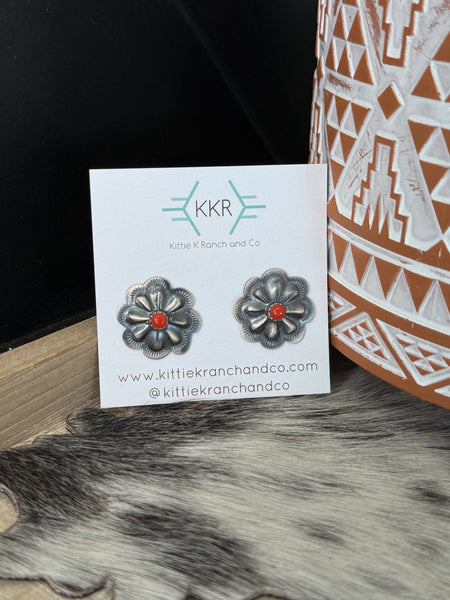 DALE MORGAN CORAL STONE CONCHO FLOWER STUDS