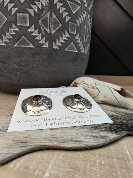 PHIL LYNN CONCHO STAMPED ONYX EARRINGS