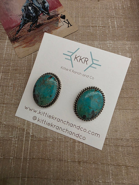 FREDA MARTINEZ NAVAJO TURQUOISE OVAL STUD EARRINGS