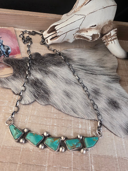 JUDE CANDELARIA ZUNI KINGMAN FIVE TURQUOISE STONE NECKLACE