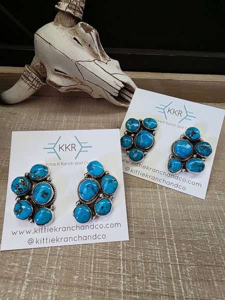 JEANETTE YAZZIE KINGMAN TURQUOISE CLUSTER STUD EARRINGS