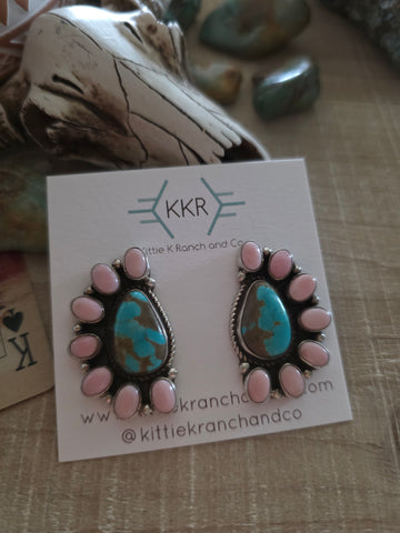 GERALDINE JAMES KINGMAN TURQUOISE AND PINK CONCH SHELL HALF CIRCLE CLUSTER EARRINGS