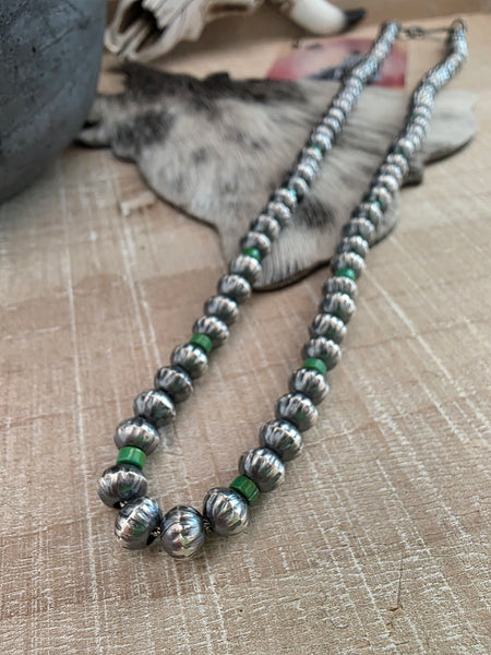 TONISHA HALEY TURQUOISE AND STERLING SILVER HANDMADE FLUTED STAMPED NAVAJO PEARLS