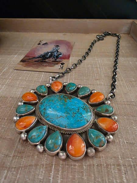 GERALDINE JAMES KINGMAN TURQUOISE AND SPINY OYSTER CLUSTER NECKLACE