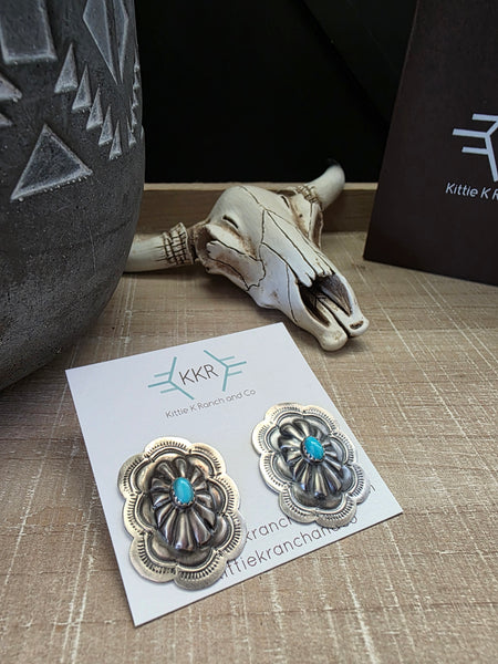 LAVINA BENALLY STERLING SILVER KINGMAN TURQUOISE OVAL CONCHO STUDS