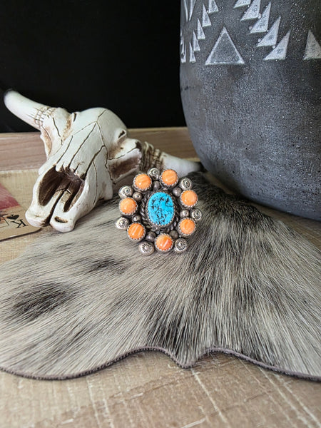 SHIRLEE G LEE GENUINE TURQUOISE AND SPINY OYSTER RING