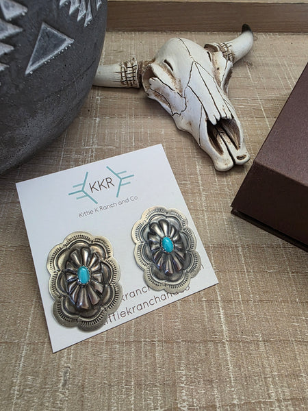 LAVINA BENALLY STERLING SILVER KINGMAN TURQUOISE OVAL CONCHO STUDS