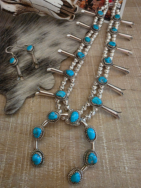 RAYMOND YAZZIE SLEEPING BEAUTY TURQUOISE SQUASH BLOSSOM NECKLACE SET
