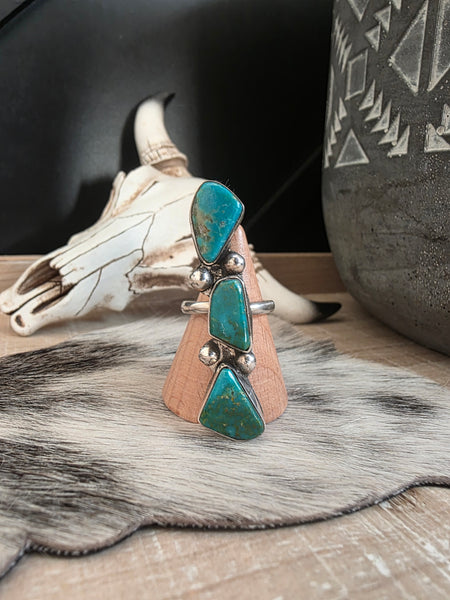 JUDE CANDELARIA THREE TURQUOISE STONE ZUNI RING