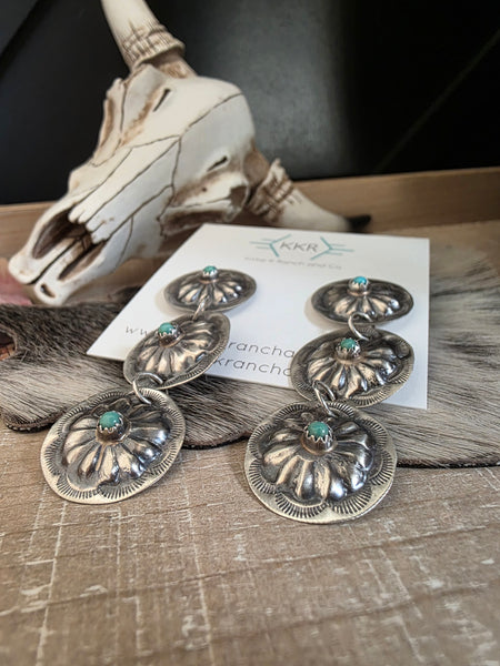 JOAN BEGAY TURQUOISE CONCHO DANGLE EARRINGS