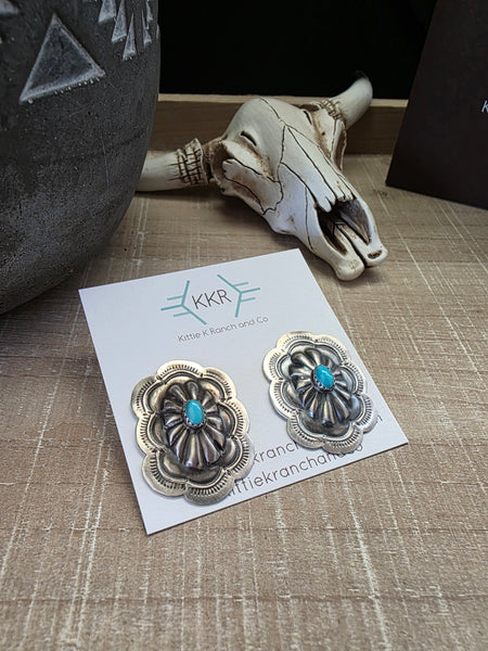 LAVINA BENALLY STERLING SILVER KINGMAN TURQUOISE OVAL CONCHO STUDS