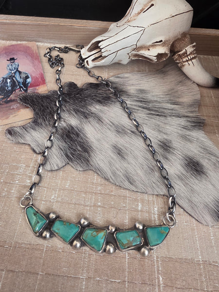 JUDE CANDELARIA ZUNI KINGMAN FIVE TURQUOISE STONE NECKLACE