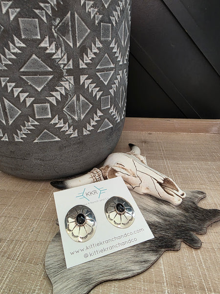 PHIL LYNN CONCHO STAMPED ONYX EARRINGS