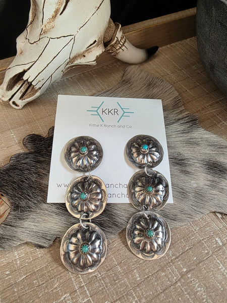 JOAN BEGAY TURQUOISE CONCHO DANGLE EARRINGS