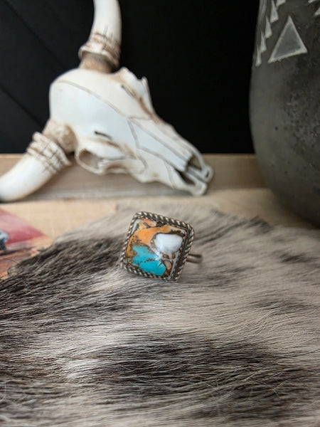 TURQUOISE SPINY OYSTER WHITE BUFFALO AND BRONZE SQUARE CUT RING