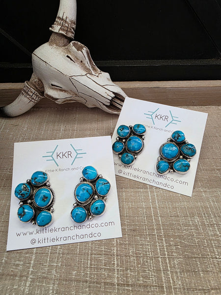 JEANETTE YAZZIE KINGMAN TURQUOISE CLUSTER STUD EARRINGS