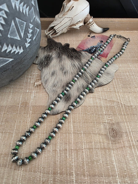 TONISHA HALEY TURQUOISE AND STERLING SILVER HANDMADE FLUTED STAMPED NAVAJO PEARLS