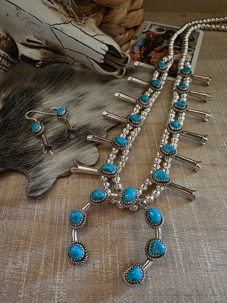 RAYMOND YAZZIE SLEEPING BEAUTY TURQUOISE SQUASH BLOSSOM NECKLACE SET
