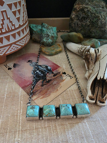 DONOVAN SKEETS FOUR SQUARE STONE KINGMAN TURQUOISE BAR NECKLACE