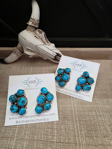 JEANETTE YAZZIE KINGMAN TURQUOISE CLUSTER STUD EARRINGS