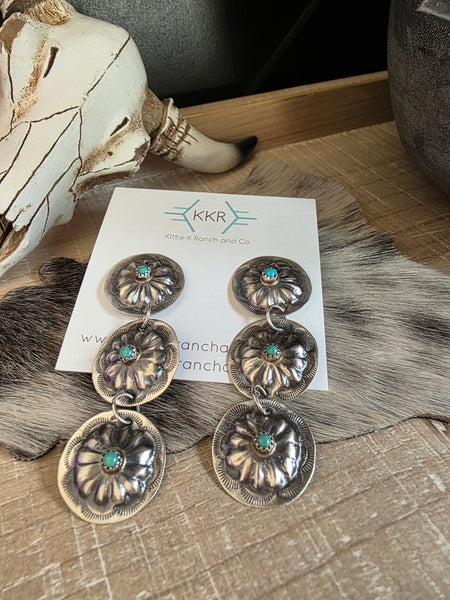 JOAN BEGAY TURQUOISE CONCHO DANGLE EARRINGS