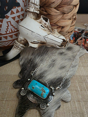 JUANITA A LONG STERLING SILVER TURQUOISE BAR NECKLACE